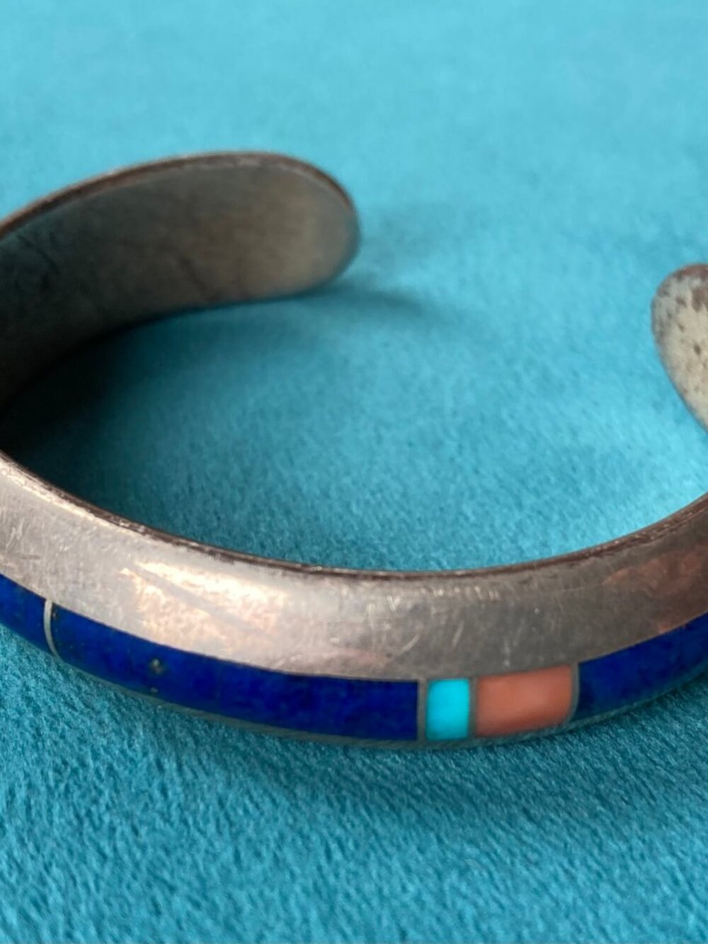 Heavy Sterling Navajo Turquoise, Lapis Lazuli & pink Quartz Inlay Cuff Bracelet